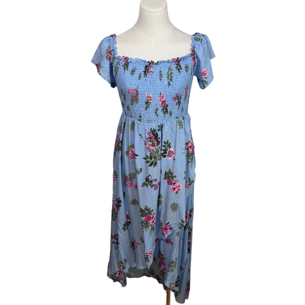 NWT Entro Blue Floral Smocked High Low Maxi‎ Dress Large Cottagecore BabyDoll
